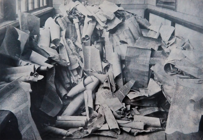 A stack of Nazi-confiscated scrolls to be destroyed.
