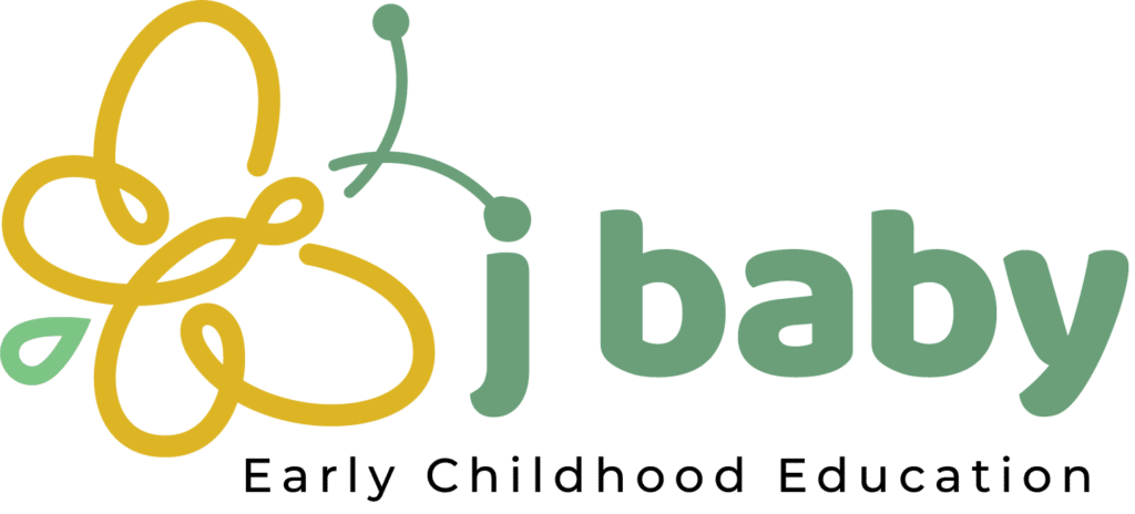 Logo for "j baby Early Childhood Education" featuring a yellow bee illustration on the left, with green wings and a small green leaf, and the text in green and black on the right.