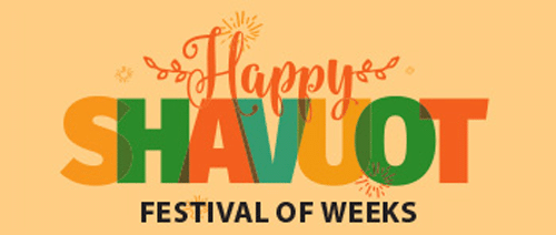 Text reads "Happy Shavuot" in colorful letters, with "Festival of Weeks" below, on a light orange background decorated with small stars and flourishes.