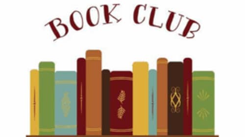 Illustration of colorful books standing upright in a row, with the words "BOOK CLUB" in large, curved, brown letters above them, highlighting themes of Jewish learning against a white background.
