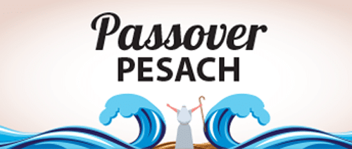 Illustration of a figure holding a staff parting blue waves, with "Passover Pesach" written above. The image represents the Jewish holiday Passover and the crossing of the Red Sea.
