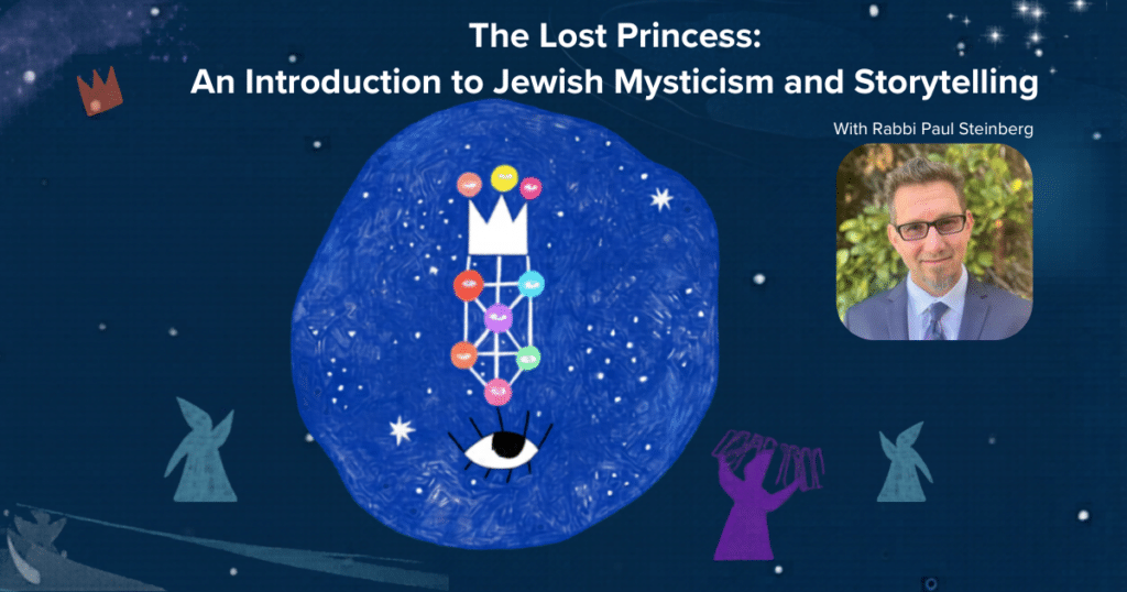 Promotional graphic for "The Lost Princess: An Introduction to Jewish Mysticism and Storytelling" with Rabbi Paul Steinberg. Features mystical symbols, an eye, a white crown, and Rabbi Steinberg’s photo on a blue background.