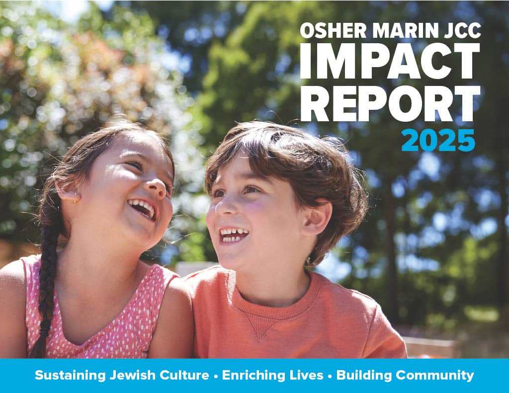 Two smiling children sit outdoors under sunlight, looking happy. The text reads, “Osher Marin JCC Impact Report 2025. Sustaining Jewish Culture • Enriching Lives • Building Community.”.