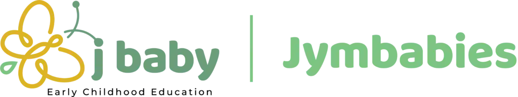 Logo for Jymbabies preschool baby classes, featuring a yellow abstract baby and parent figure on the left and green text reading "baby Jymbabies" on the right.
