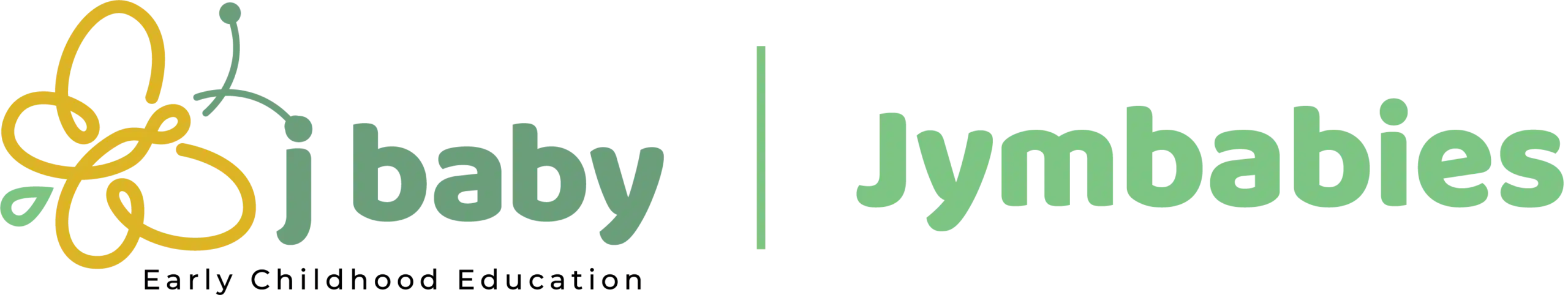Logo for Jymbabies preschool baby classes, featuring a yellow abstract baby and parent figure on the left and green text reading "baby Jymbabies" on the right.