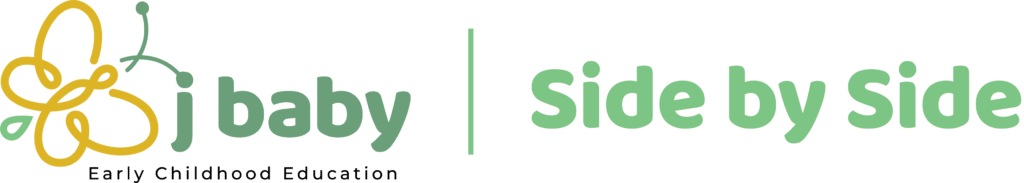 Logo for "J Baby Side by Side Early Childhood Education" featuring a yellow, abstract line drawing of a bee on the left, with green and black preschool text on a white background.