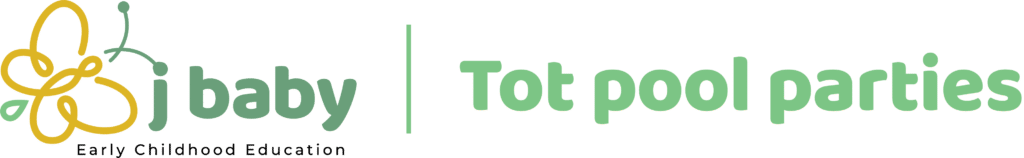 Logo with a yellow and green butterfly, the text "J baby Early Childhood Education preschool" on the left, and "Tot pool parties" in bold green letters on the right.