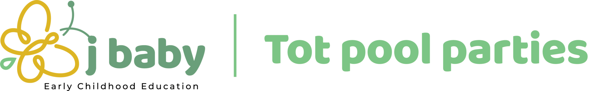 Logo with a yellow and green butterfly, the text "J baby Early Childhood Education preschool" on the left, and "Tot pool parties" in bold green letters on the right.