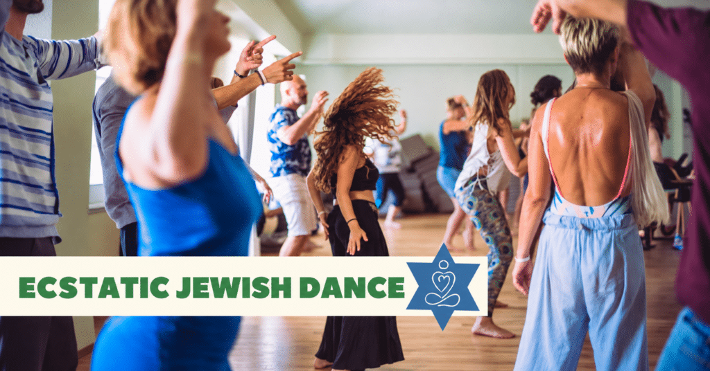 A group of people joyfully dancing indoors, some with arms raised. The text “Ecstatic Jewish Dance” appears over a Star of David graphic at the bottom of the image.