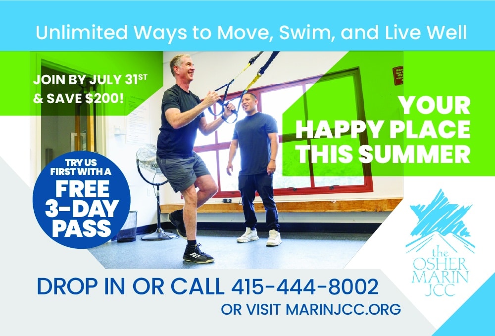 Two men exercise with resistance bands in a bright gym at the Jewish Community Center. Text offers a free 3-day pass, $200 savings for joining by July 31, and promotes the Osher Marin JCC, with contact info at the bottom.
