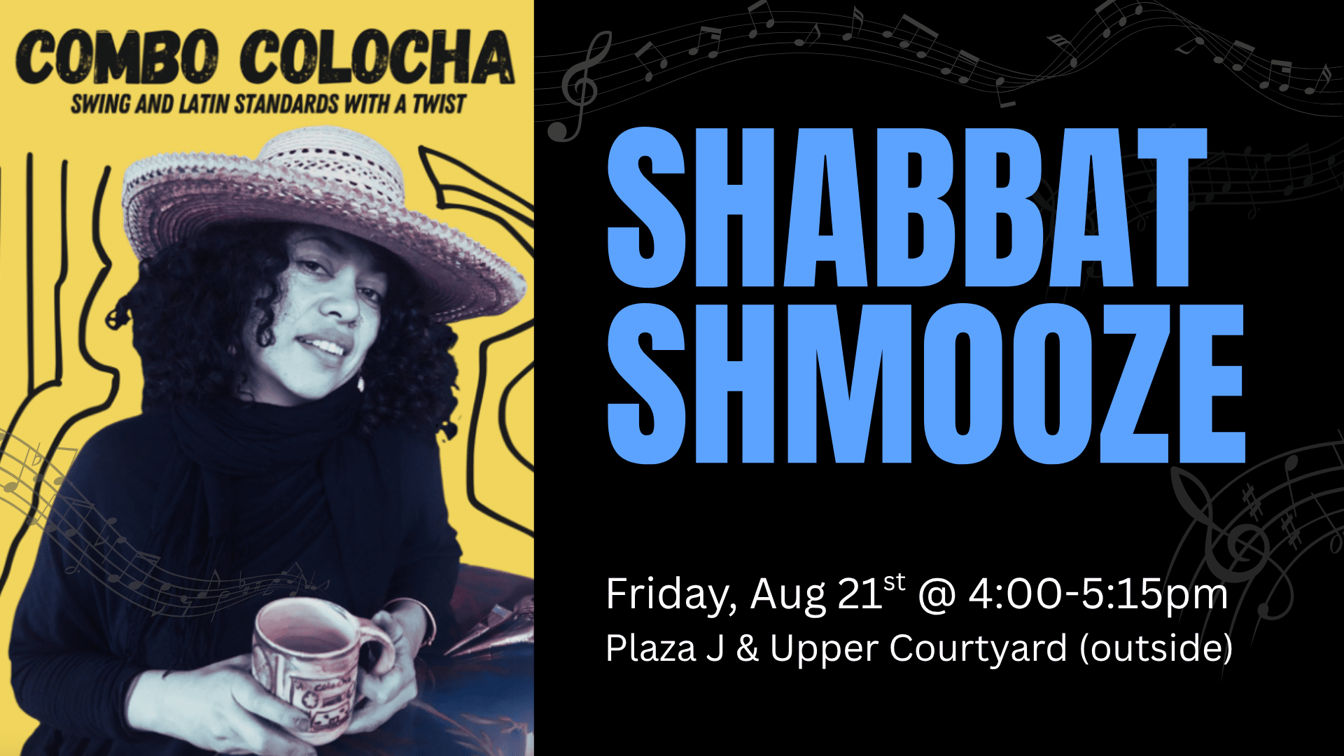 Event flyer with “SHABBAT SHMOOZE” in large text, featuring a woman in a straw hat holding a mug, and details for an outdoor event with music by Combo Colocho on Friday, August 21st, 4:00–5:15pm.
