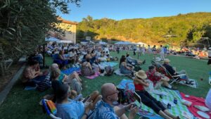 A large crowd sits on blankets and chairs on a grassy field at an outdoor event, surrounded by trees, with tents and a building in the background under a clear blue sky.