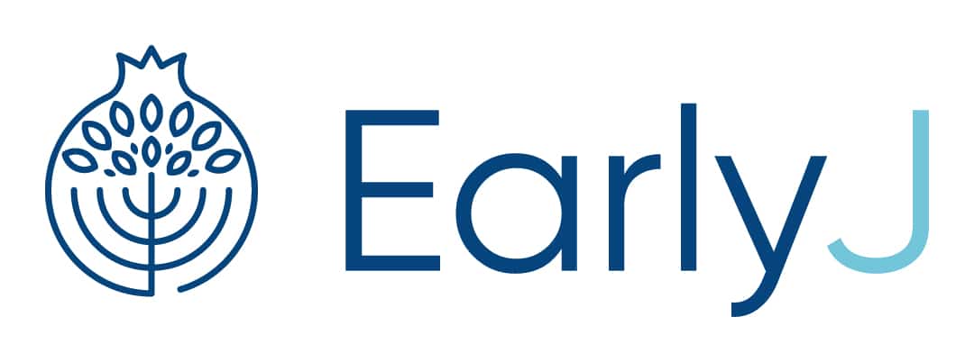 Logo with a blue pomegranate illustration featuring a menorah/tree design, next to the text “EarlyJ” where the “J” is in light blue.