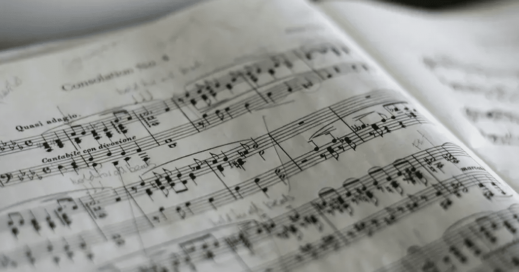 A close-up of an open sheet music book with handwritten notes in the margins, showing intricate musical notation on slightly curved pages.